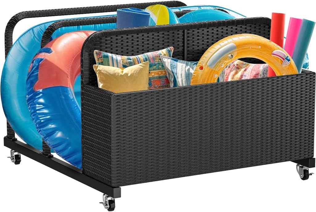 YITAHOME Pool Storage, Pool Float Holder with PE Rattan Pool Float Organizer for cushions, Floaties, Noodles, Life Vests, Beach Balls, Patio Furniture (Black)