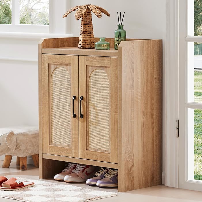 Shoe Cabinet Storage for Entryway, Natural Rattan Shoe Storage Cabinet, Wooden Shoe Rack Cabinet, Farmhouse Boho Wood Shoe Organizer Cabinet for Hallway