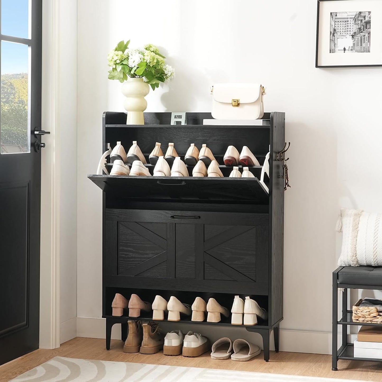 Shoe Storage Cabinet, Shoe Organizer with 2 Flip Drawers, Hidden Shoe Storage for Entryway, Freestanding Organizer with Open Storages, Rustic Brown SHHR9401N1