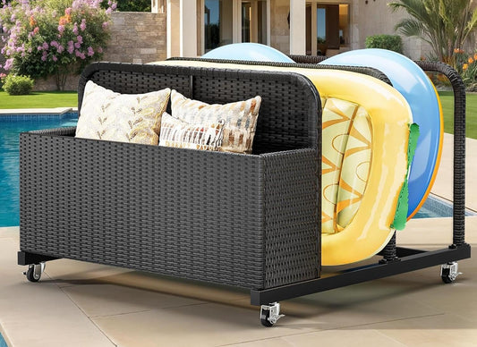 GOOBED Pool Storage, Wicker Pool Float Holder with Lockable wheels,Pool Organizer for cushions, Floaties, Noodles, Life Vests, Beach Balls, Patio Furniture (Black)