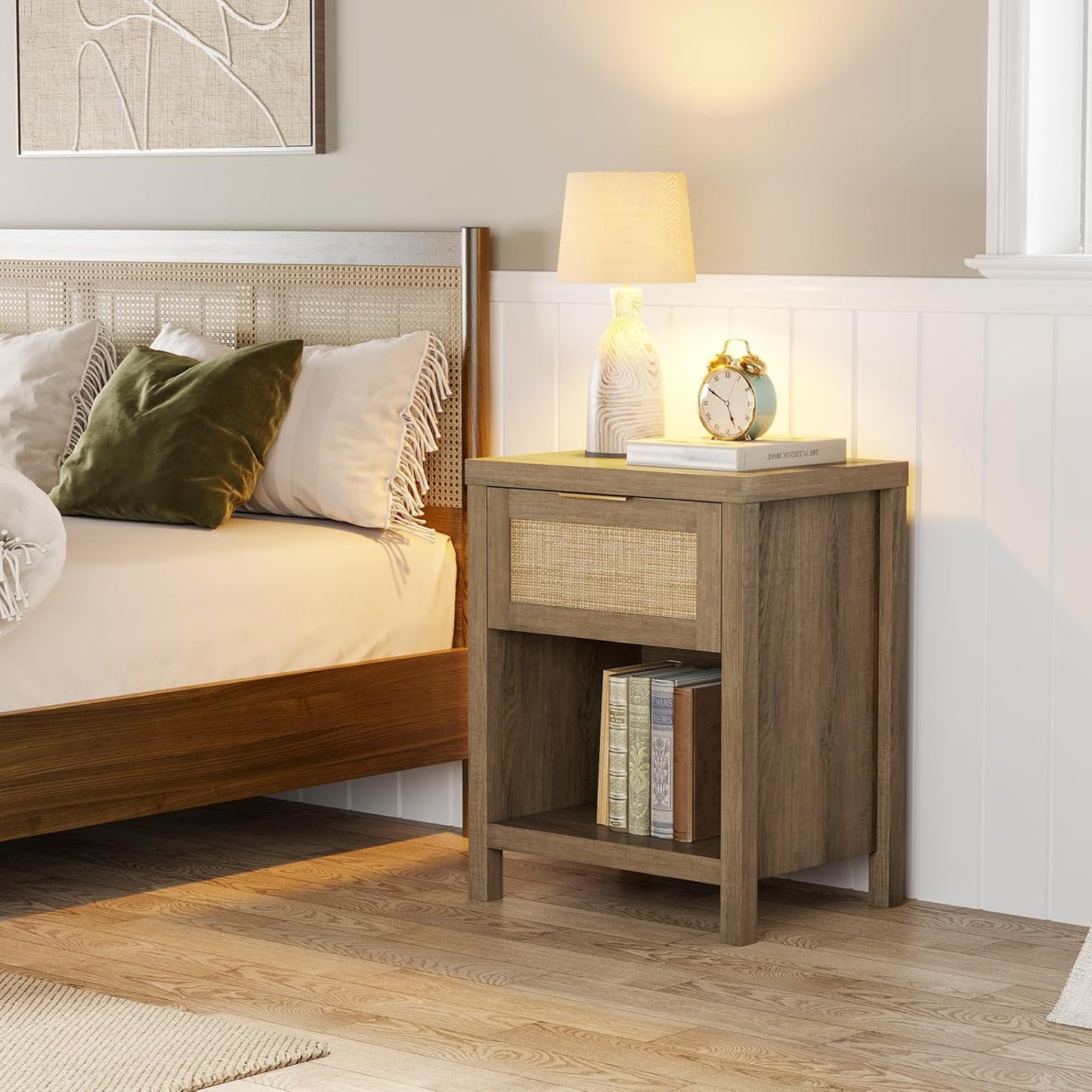 Rattan Nightstand Set 2: Boho End Table with Drawer and Storage Shelf, Farmhouse Cane Accent Bedside Night Stands for Bedroom Small Space Sofa (2, Caramel Oak)
