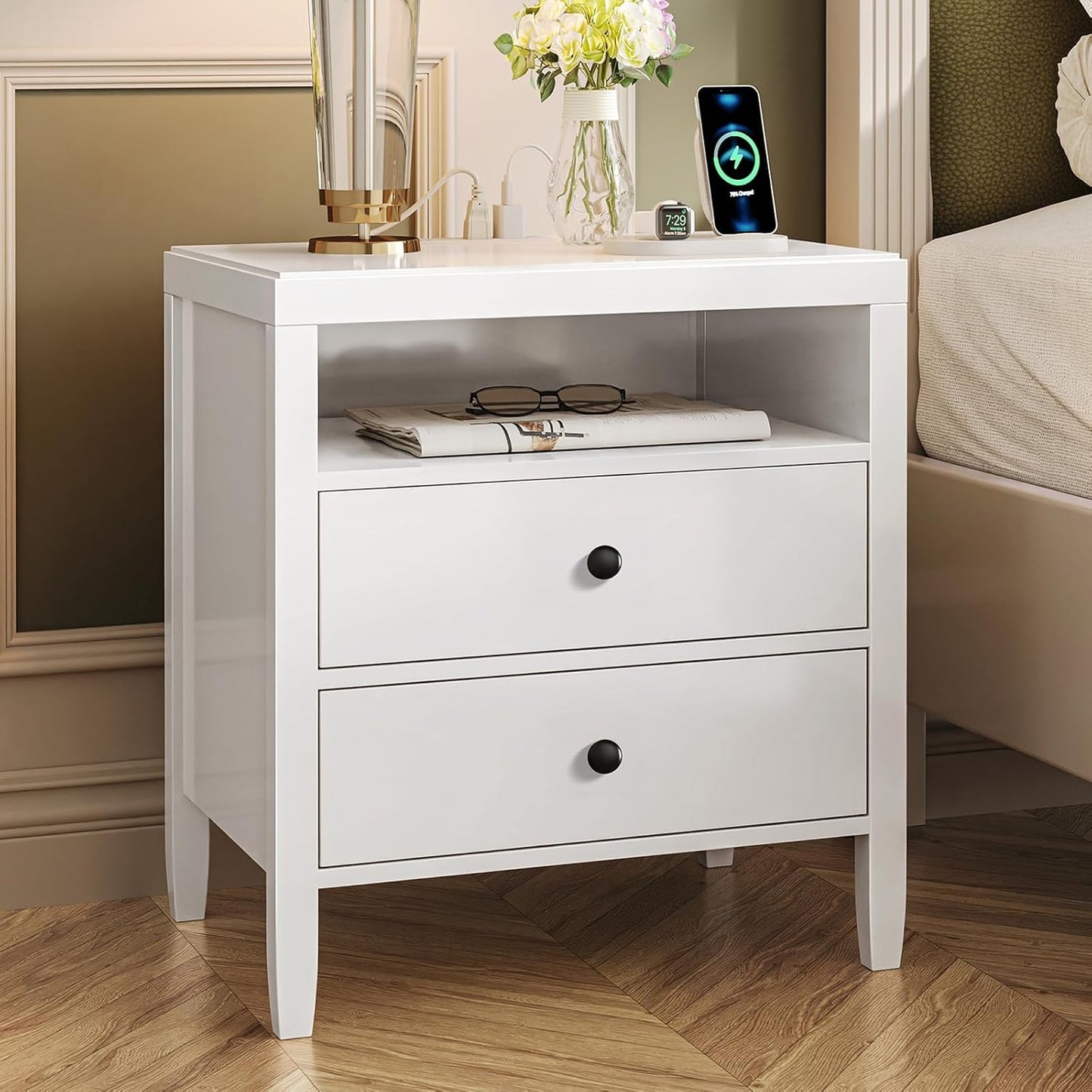 Huuger Black Nightstand Set of 2, Night Stand with Charger Station, Bedside Table with 2 Drawers, Bed Side Tables for Bedroom, Modern Nightstands, Metal Knobs, Painted Surface