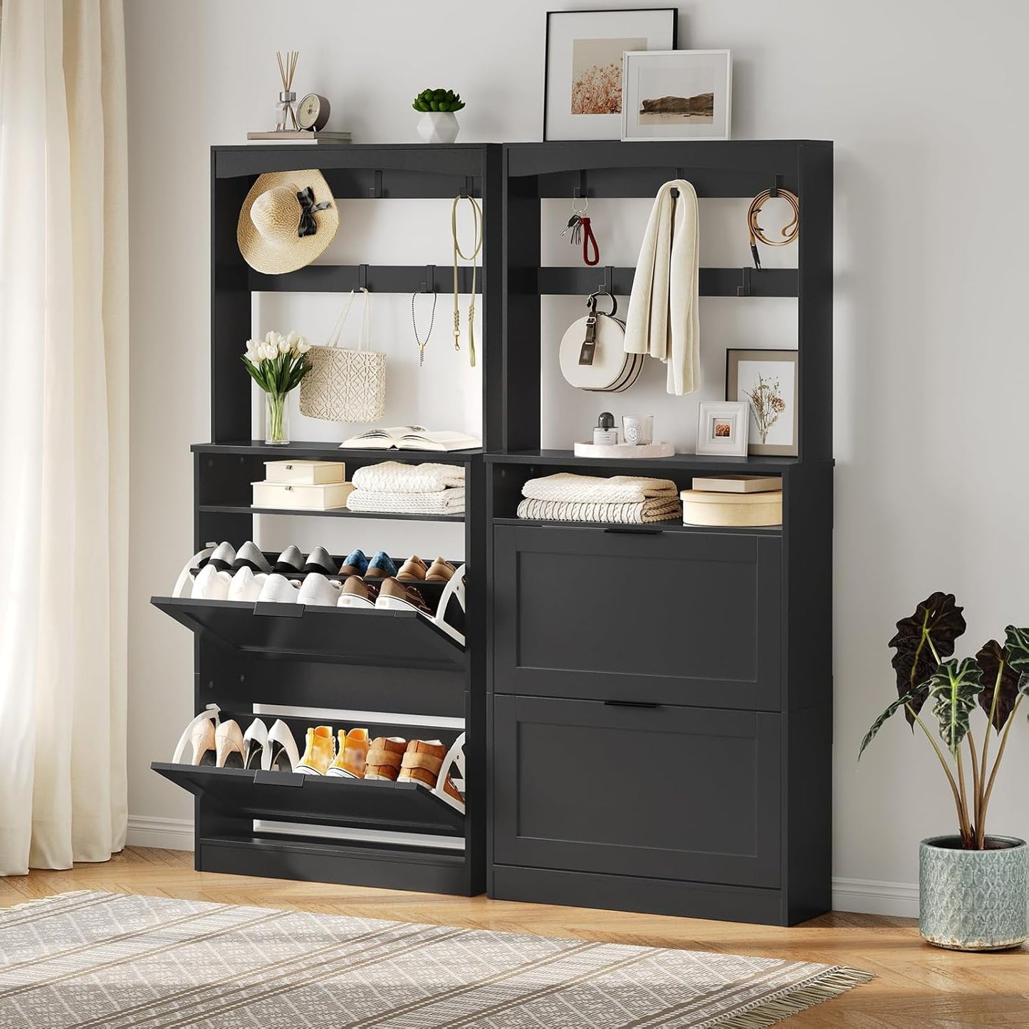 Tall Shoe Cabinet with Flip Drawers and Coat Rack, Floor Standing Modern Shoe Storage Organizer, 2-in-1 Hall Tree with Movable Hooks and Open Shelves, for Entryway, Black SC01BK