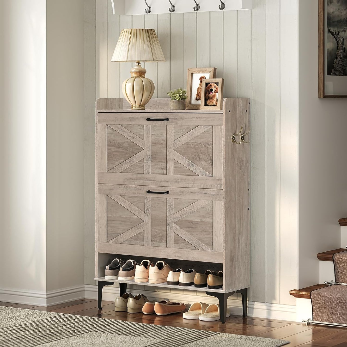 Shoe Storage Cabinet, Shoe Organizer with 2 Flip Drawers, Hidden Shoe Storage for Entryway, Freestanding Organizer with Open Storages, Rustic Brown SHHR9401N1