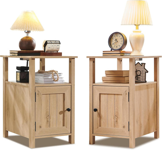 Farmhouse Nightstands Set of 2, Narrow Bedside Table with Charging Station, Night Stand Set 2 with Storage & Open Shelf, End Tables w/Groove Barn Door for Bedroom, Living Room, Natural