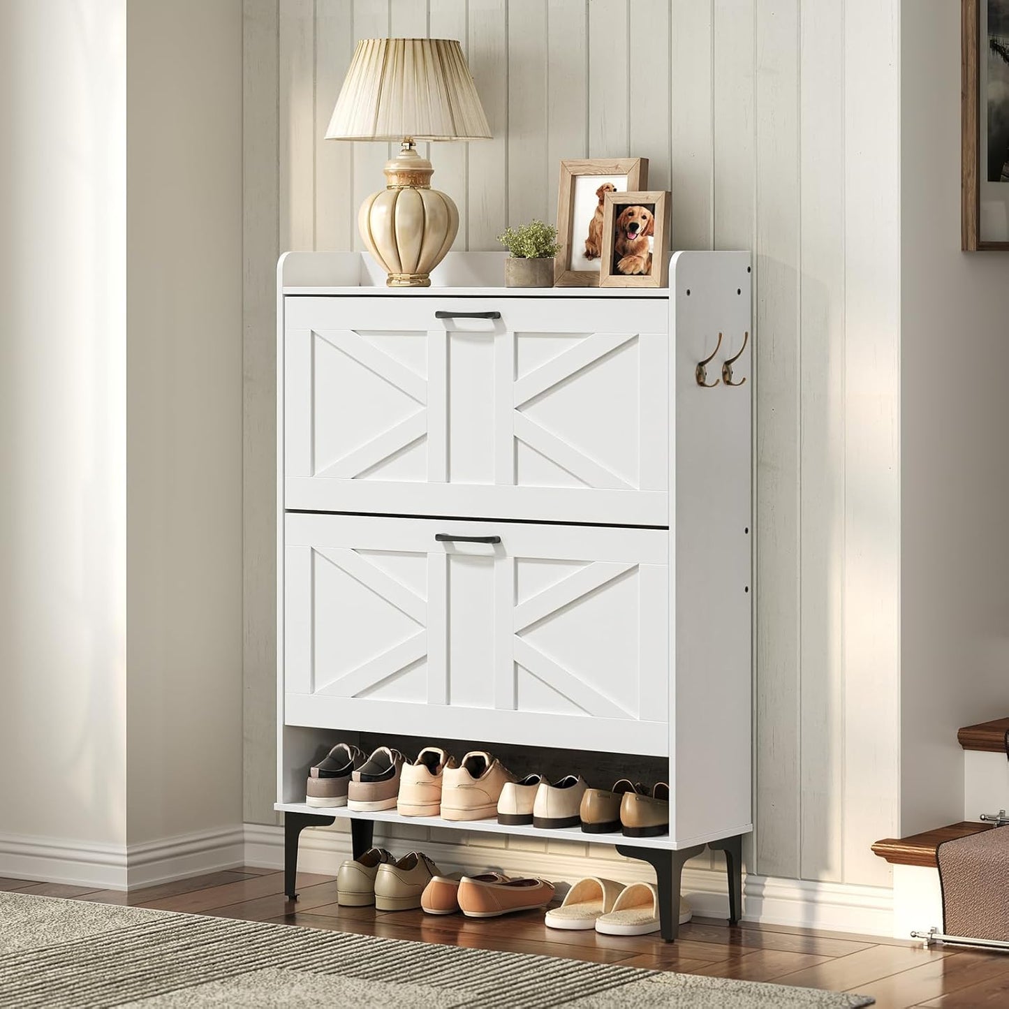 Shoe Storage Cabinet, Shoe Organizer with 2 Flip Drawers, Hidden Shoe Storage for Entryway, Freestanding Organizer with Open Storages, Rustic Brown SHHR9401N1
