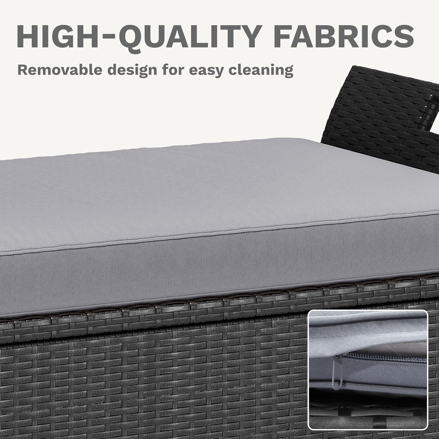 DWVO 90 Gallon Outdoor Storage Bench,Rattan Deck Box with Cushion, Outside Bench for Patio Storage,Yard,Pool,Garden,Black&Grey