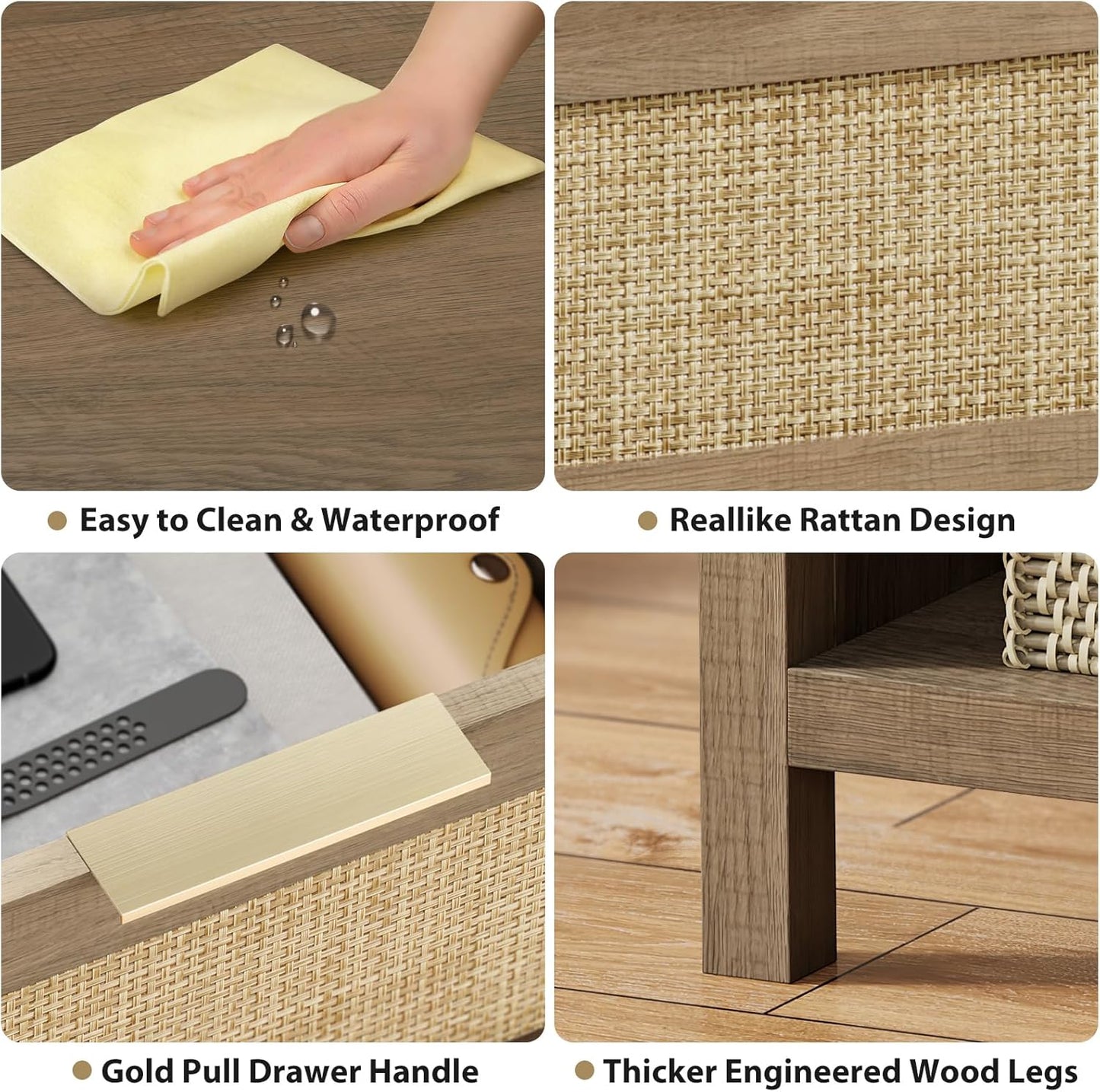 Rattan Nightstand Set 2: Boho End Table with Drawer and Storage Shelf, Farmhouse Cane Accent Bedside Night Stands for Bedroom Small Space Sofa (2, Caramel Oak)