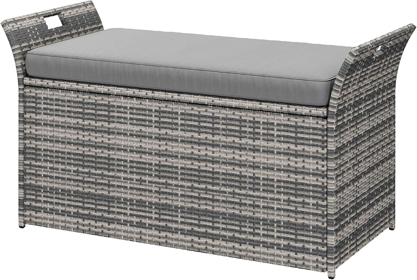 DWVO 90 Gallon Outdoor Storage Bench,Rattan Deck Box with Cushion, Outside Bench for Patio Storage,Yard,Pool,Garden,Black&Grey