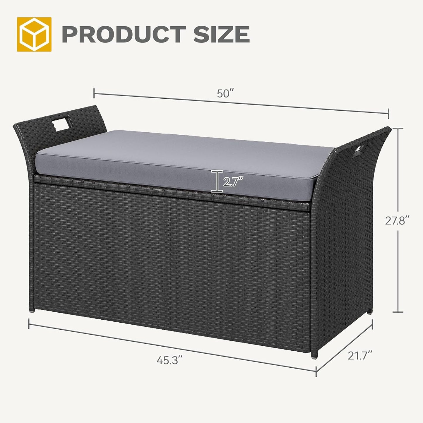 DWVO 90 Gallon Outdoor Storage Bench,Rattan Deck Box with Cushion, Outside Bench for Patio Storage,Yard,Pool,Garden,Black&Grey