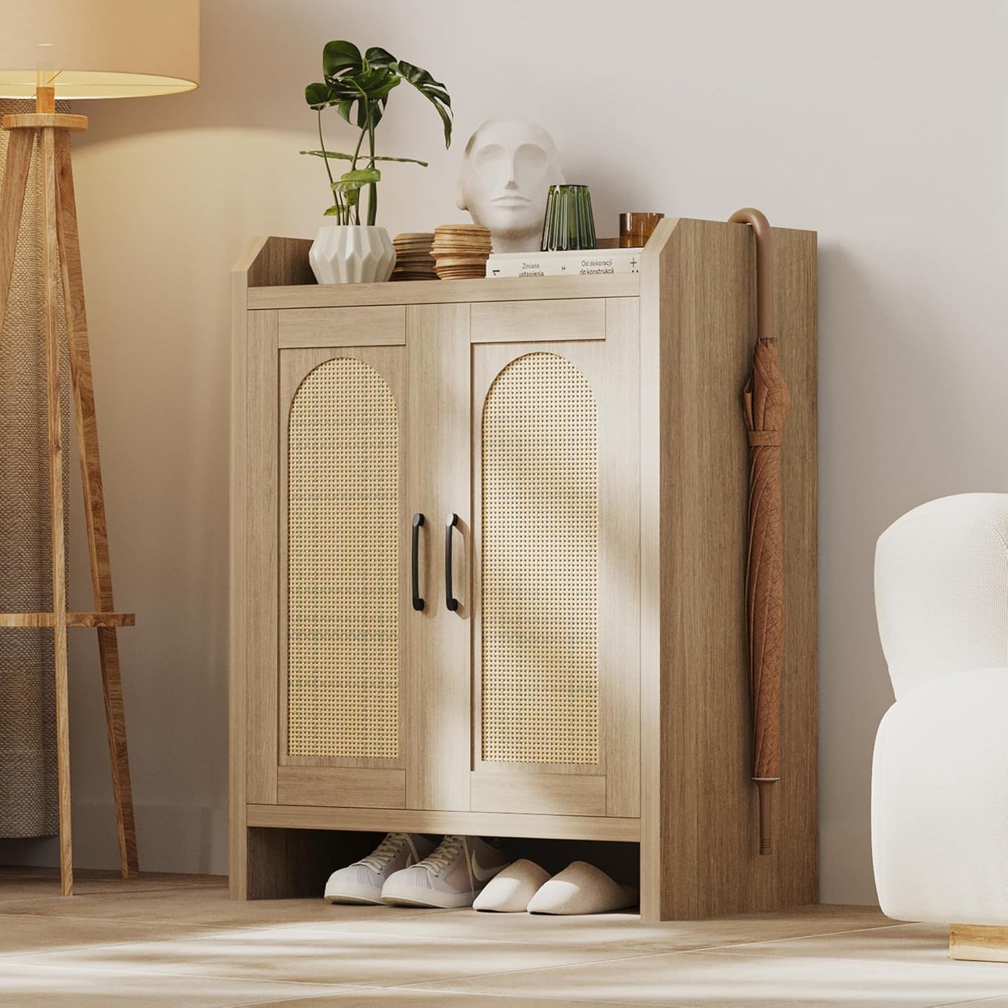 Shoe Cabinet Storage for Entryway, Natural Rattan Shoe Storage Cabinet, Wooden Shoe Rack Cabinet, Farmhouse Boho Wood Shoe Organizer Cabinet for Hallway