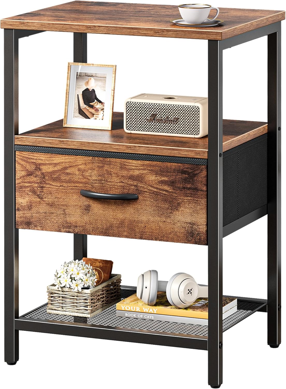 Huuger Nightstand Set of 2, Night Stand with Fabric Drawer, Mesh Shelf, Side Table with Storage, Fabric Drawer Dresser, Open Shelf, Metal Frame, Bedroom, Rustic Brown