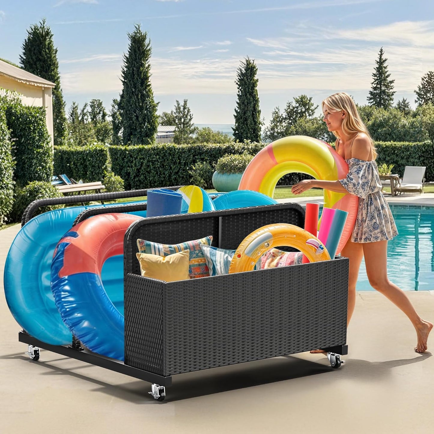 YITAHOME Pool Storage, Pool Float Holder with PE Rattan Pool Float Organizer for cushions, Floaties, Noodles, Life Vests, Beach Balls, Patio Furniture (Black)