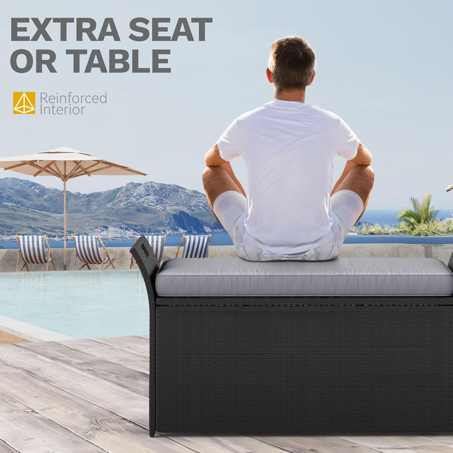 DWVO 90 Gallon Outdoor Storage Bench,Rattan Deck Box with Cushion, Outside Bench for Patio Storage,Yard,Pool,Garden,Black&Grey