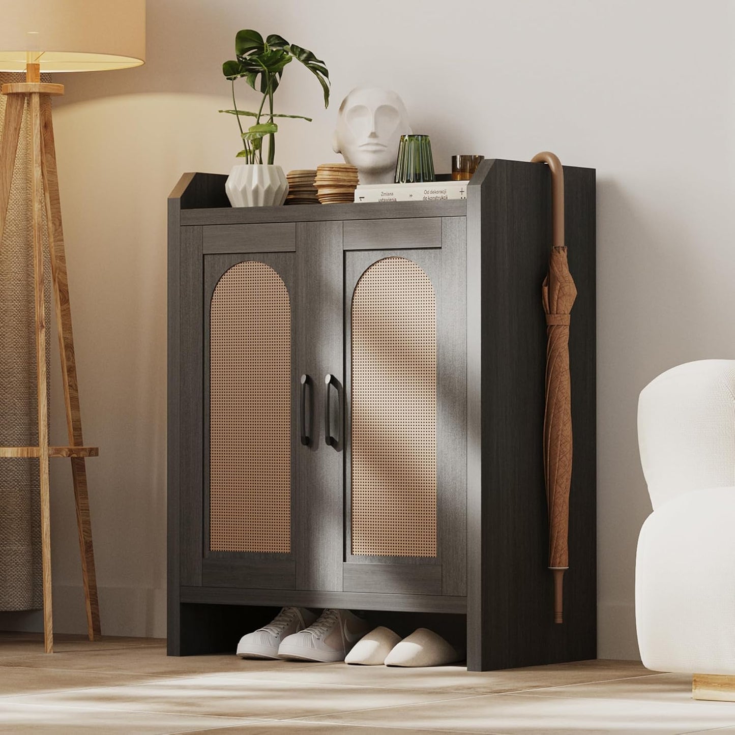 Shoe Cabinet Storage for Entryway, Natural Rattan Shoe Storage Cabinet, Wooden Shoe Rack Cabinet, Farmhouse Boho Wood Shoe Organizer Cabinet for Hallway