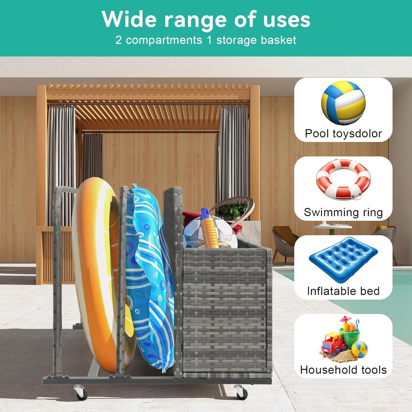 Pool Float Storage Box Outdoor Rolling Poolside Storage Basket Organizer for Patio PE Rattan Pool Caddy with Wheels for Cushions, Floaties, Noodles, Life Vests, Beach Balls, Toys