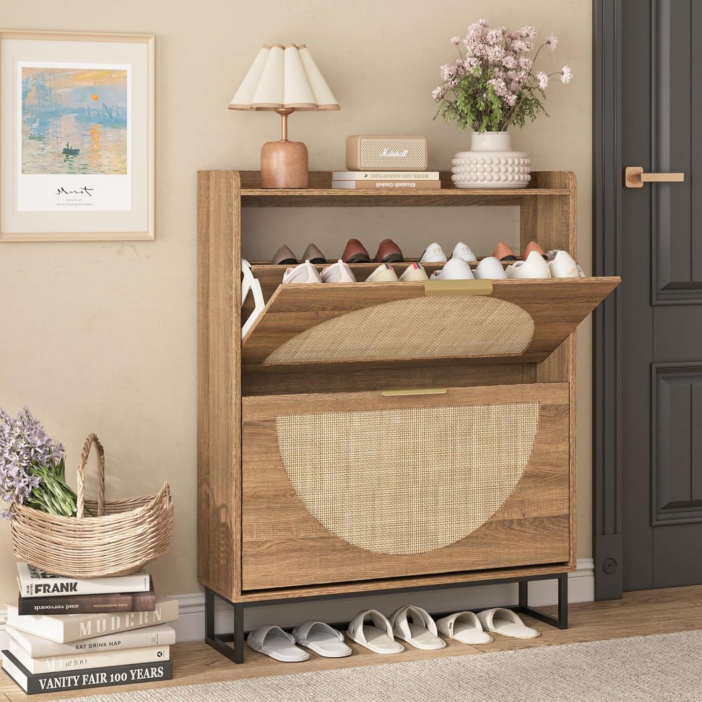 Maupvit Rattan Shoe Storage Cabinet with 2 Flip Drawers, Freestanding Shoe Organizer with Metal Legs for Entryway, Hidden Golden Handles, Narrow Shoe Rack Cabinet, Rustic Oak Rattan