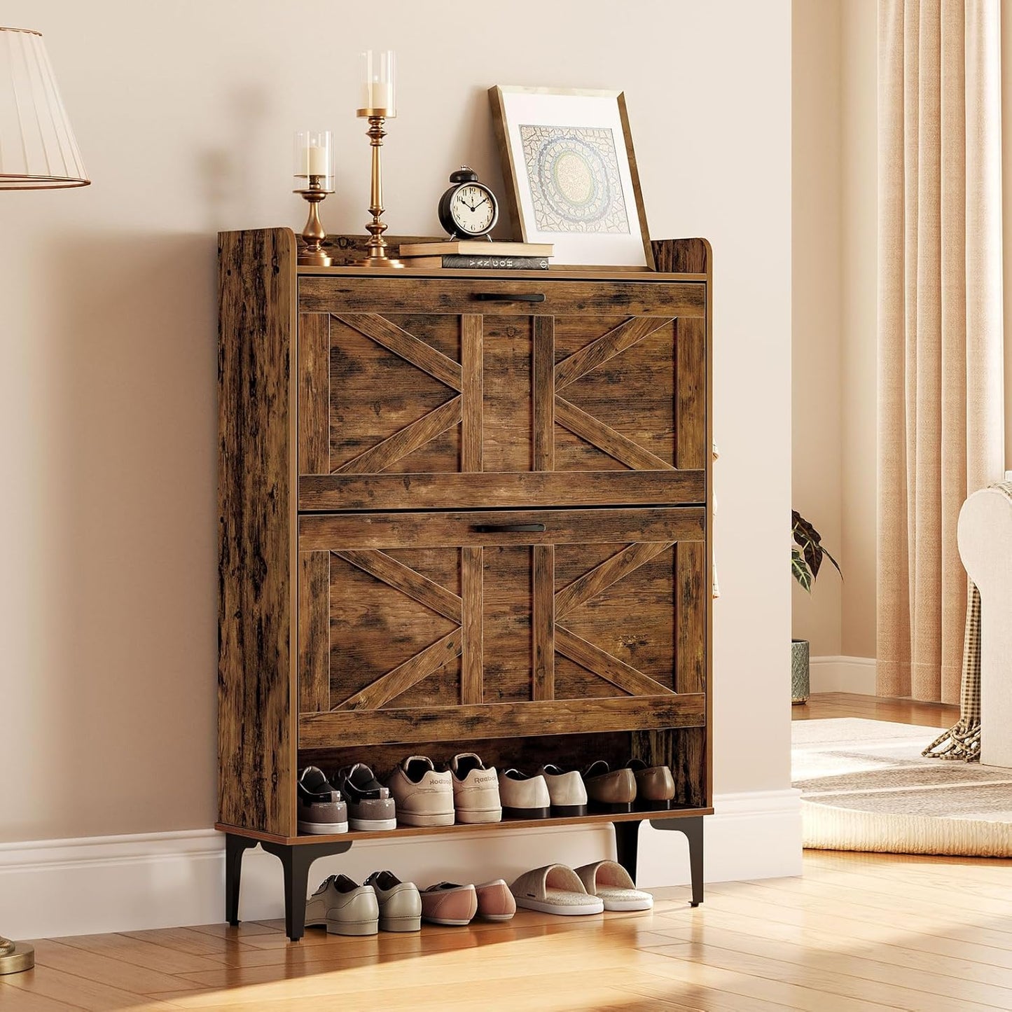 Shoe Storage Cabinet, Shoe Organizer with 2 Flip Drawers, Hidden Shoe Storage for Entryway, Freestanding Organizer with Open Storages, Rustic Brown SHHR9401N1