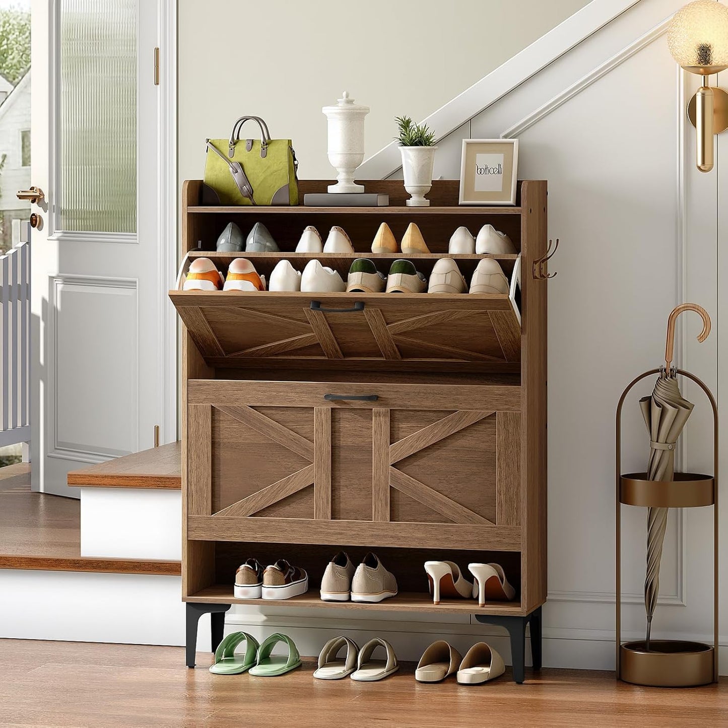Shoe Storage Cabinet, Shoe Organizer with 2 Flip Drawers, Hidden Shoe Storage for Entryway, Freestanding Organizer with Open Storages, Rustic Brown SHHR9401N1