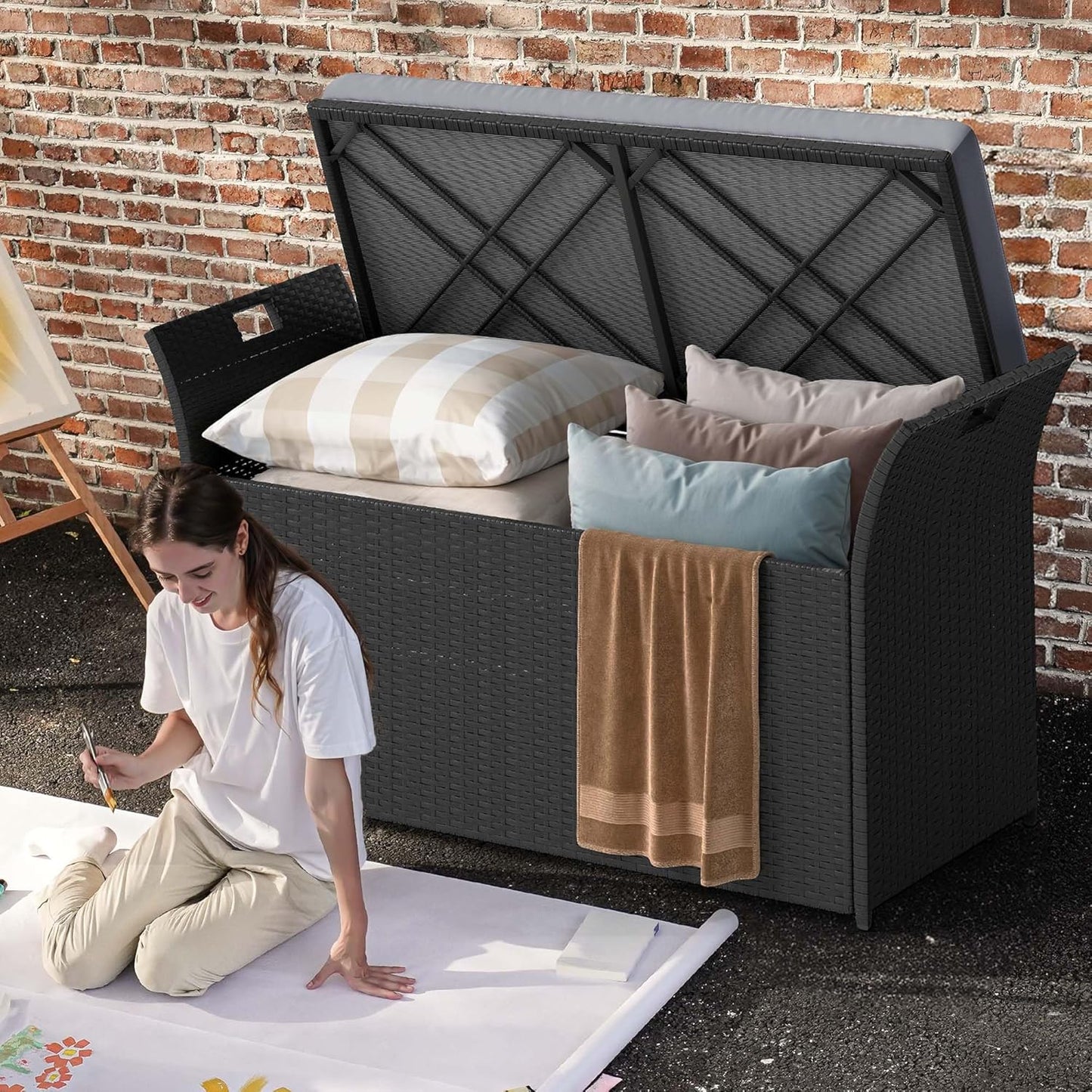 DWVO 90 Gallon Outdoor Storage Bench,Rattan Deck Box with Cushion, Outside Bench for Patio Storage,Yard,Pool,Garden,Black&Grey