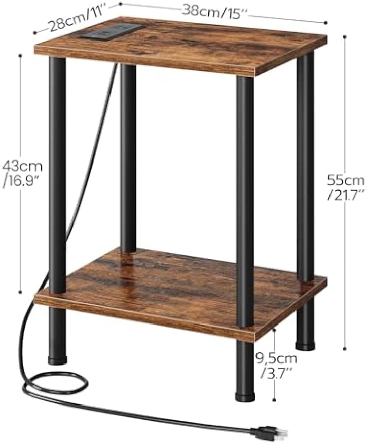 HOOBRO Side Table with Charging Station, End Table with USB Ports and Outlet, Nightstand with 2-Layer Storage Shelves for Small Spaces, Living Room, Bedroom, Stable Frame, Rustic Brown BF09UBZ01