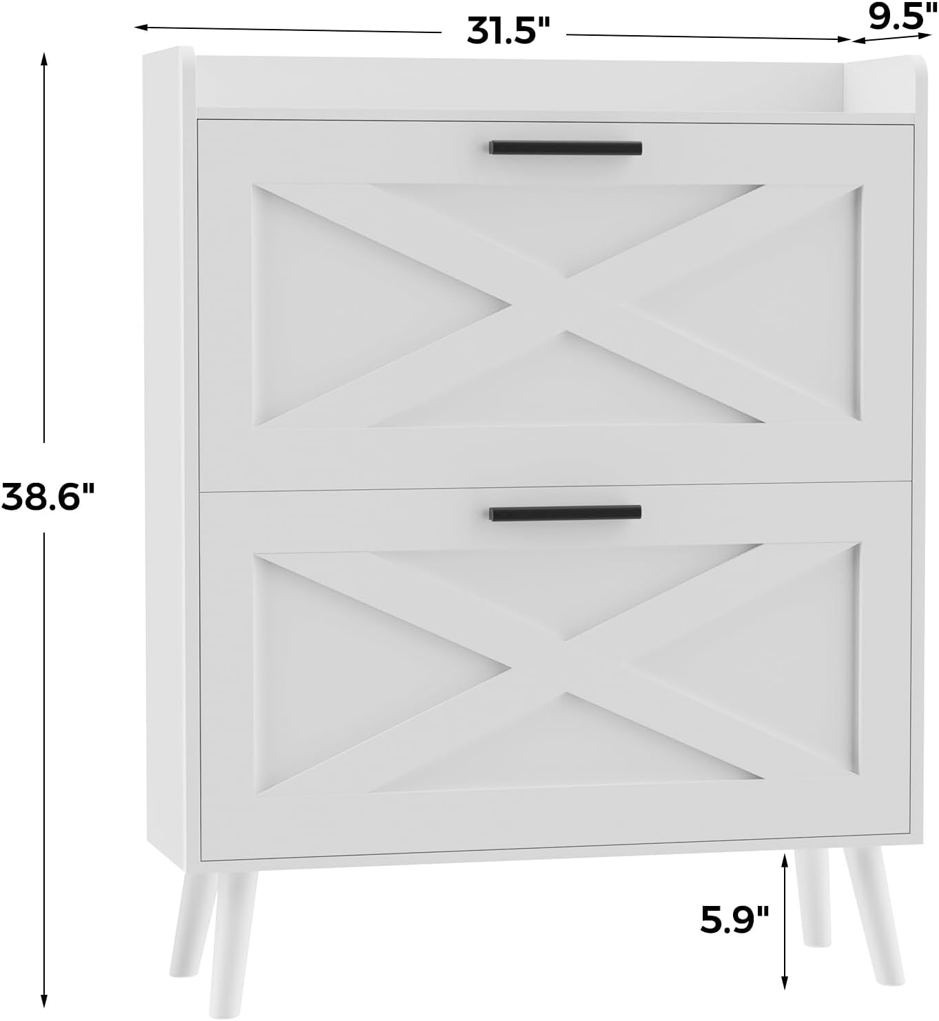 32" W Farmhouse Shoe Storage Cabinet with 2 Flip Drawers and Barn Door Design, Adjustable Shelves, Modern Hidden Slim Narrow Shoe Rack Cabinet for Entryway, Foyer, Hallway, Living Room, White