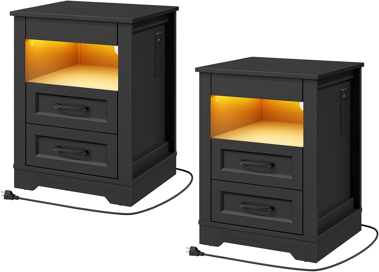 Farmhouse Nightstand with Hidden Gun Drawer, Bedside Table with Charging Station and LED Light, Night Stand with 3 Drawers, End Table for Bedroom, Living Room, White and Walnut
