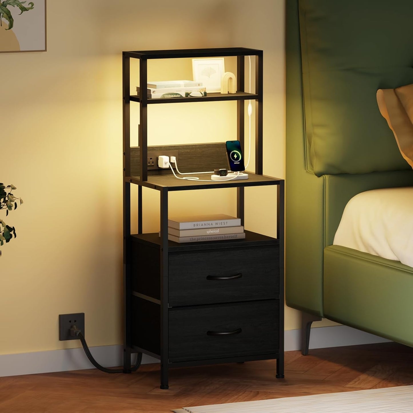 Furnulem Night Stand, Tall Nightstand with 4-Tier Shelves, 2 Fabric Drawers and Light Tube, Bed Side Tables with Charging Station, Bedside Table for Bedroom, Office, Rustic Brown