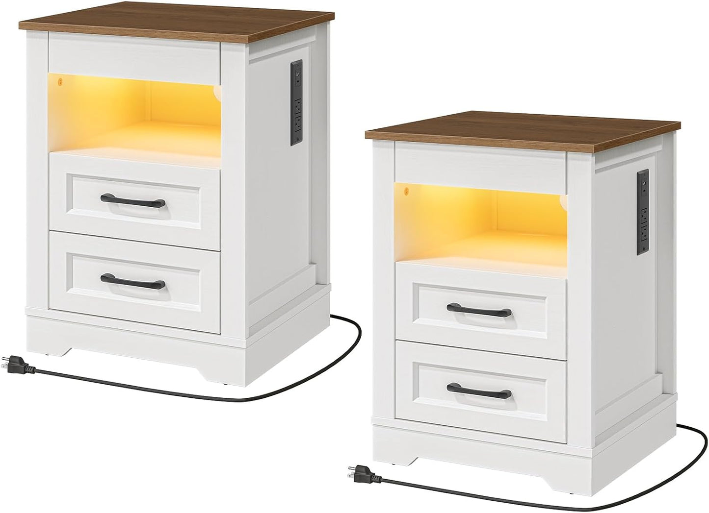 Farmhouse Nightstand with Hidden Gun Drawer, Bedside Table with Charging Station and LED Light, Night Stand with 3 Drawers, End Table for Bedroom, Living Room, White and Walnut