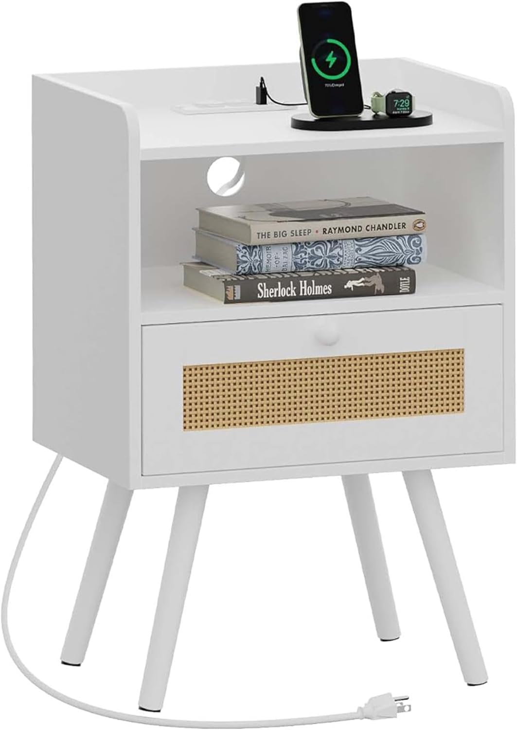 SUPERJARE Nightstands Set of 2, Night Stands with Charging Station & PE Rattan Decor Drawer, Bed Side Tables with Solid Wood Feet, End Table, for Bedroom, Living Room - Natural