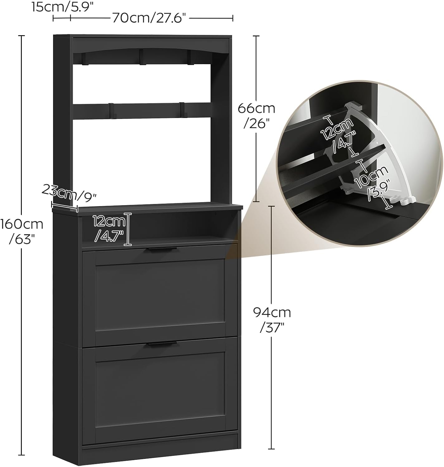 Tall Shoe Cabinet with Flip Drawers and Coat Rack, Floor Standing Modern Shoe Storage Organizer, 2-in-1 Hall Tree with Movable Hooks and Open Shelves, for Entryway, Black SC01BK