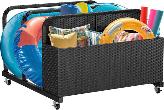 YITAHOME Pool Storage, Pool Float Holder with PE Rattan Pool Float Organizer for cushions, Floaties, Noodles, Life Vests, Beach Balls, Patio Furniture (Black)