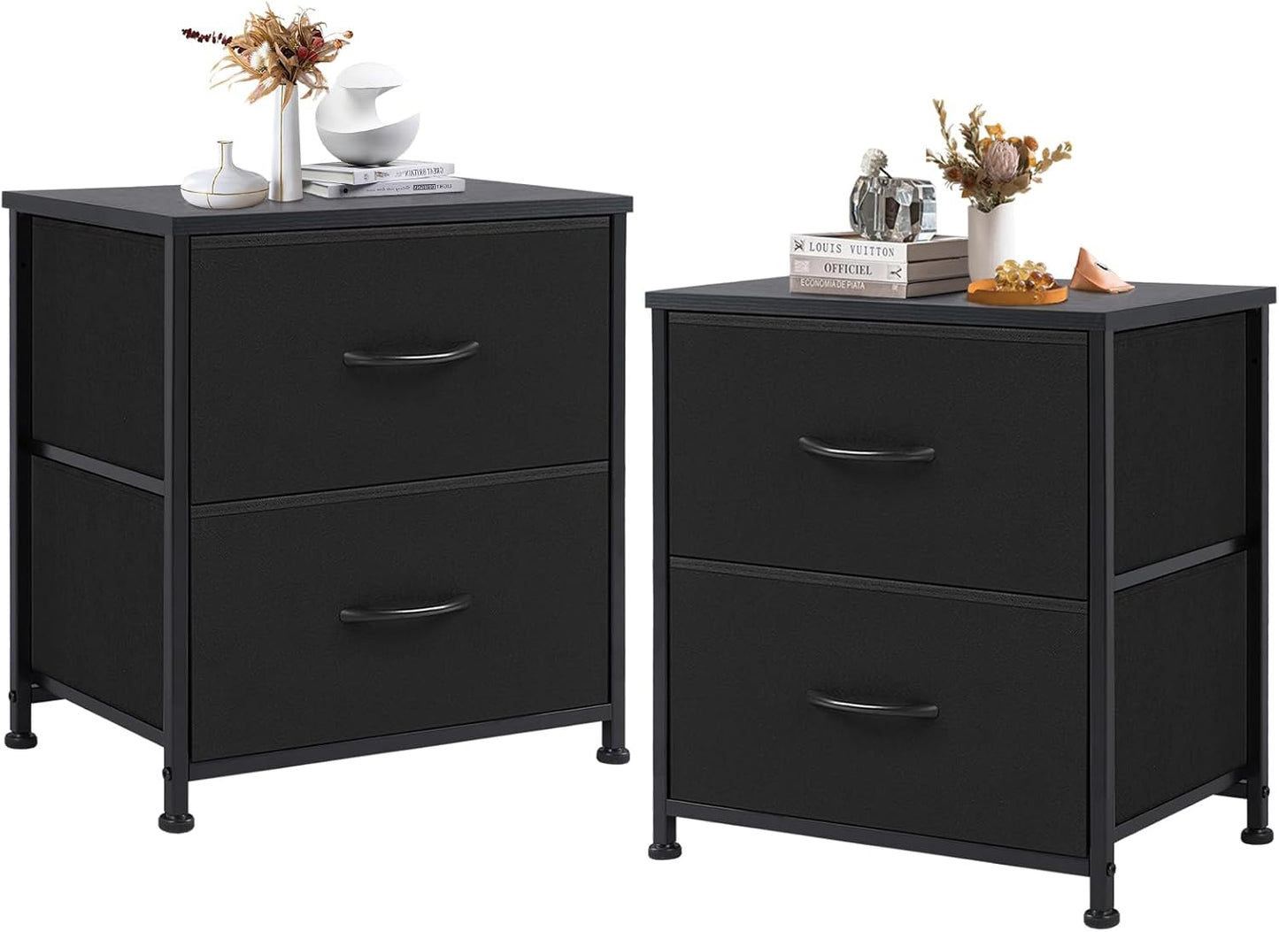 DUMOS Nightstand Small Dresser with 2 Fabric Drawers Side Tables Bedroom End Table Bedside Storage Furniture for 20 inch Tall Night Stand for Entryway, College Dorm, Classic Black