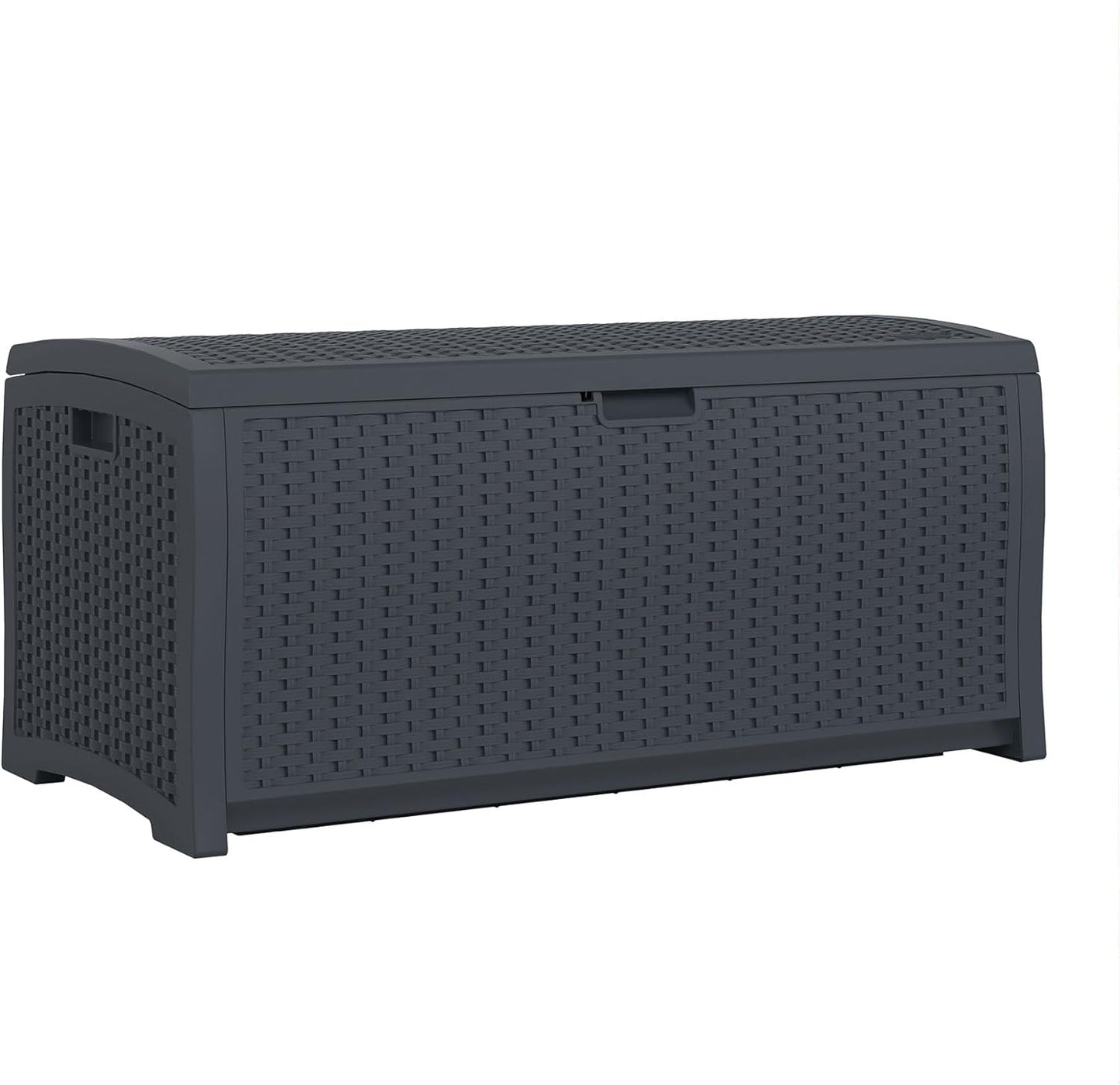 Suncast Outdoor Storage Box - 73 Gallon Mocha Brown Deck Box for Patio, Waterproof Outdoor Storage Bench, Resin Wicker Style, Heavy-Duty, Lockable Lid for Cushions, Shoes, Pool & Garden Gear