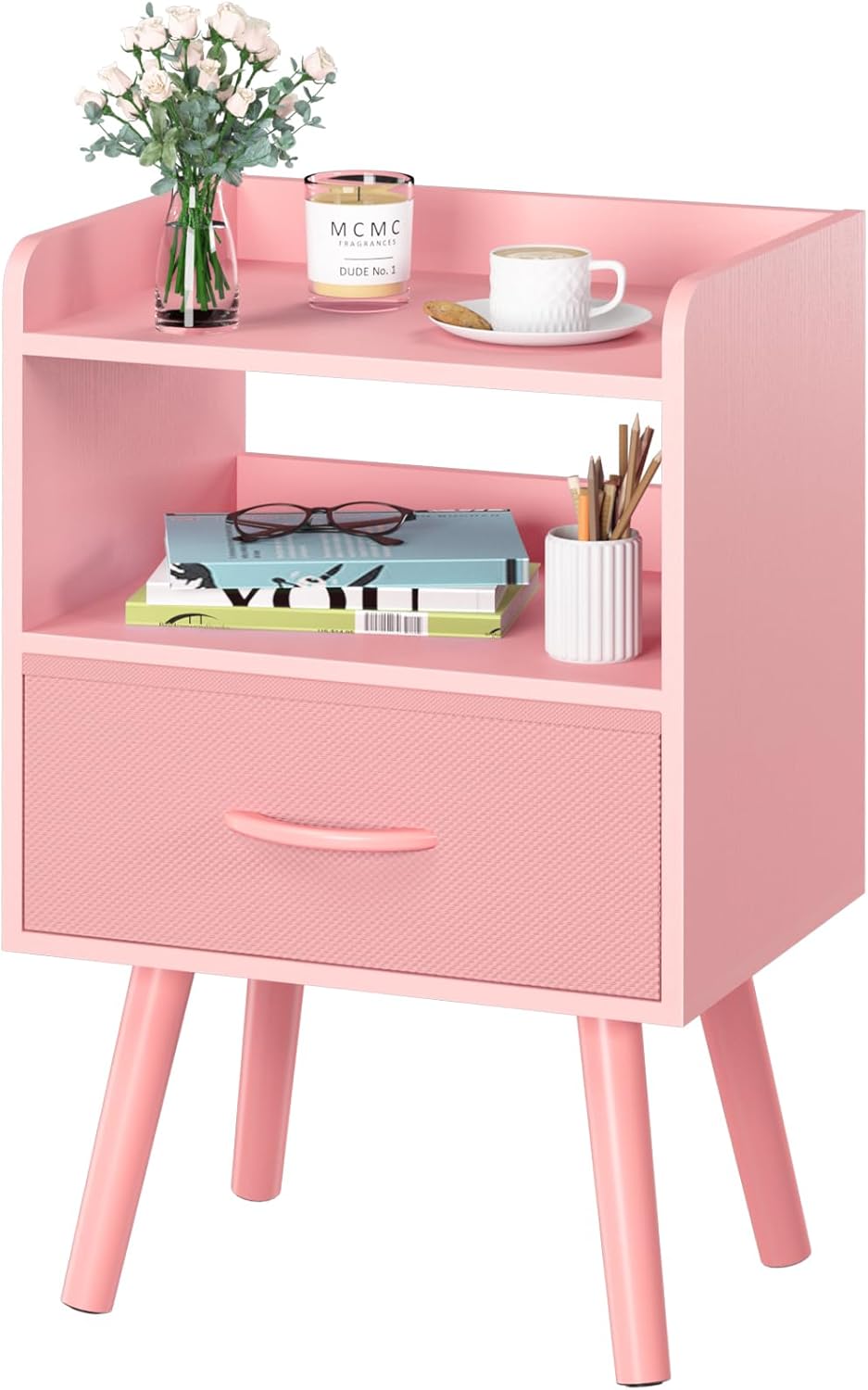 Yoobure Modern Nightstand with Drawer, Bedside Tables, Mid Century Nightstands with Open Storage Shelf, Wood Bedside Table, Small Night Stands for Bedrooms, 2-Tier Night Table