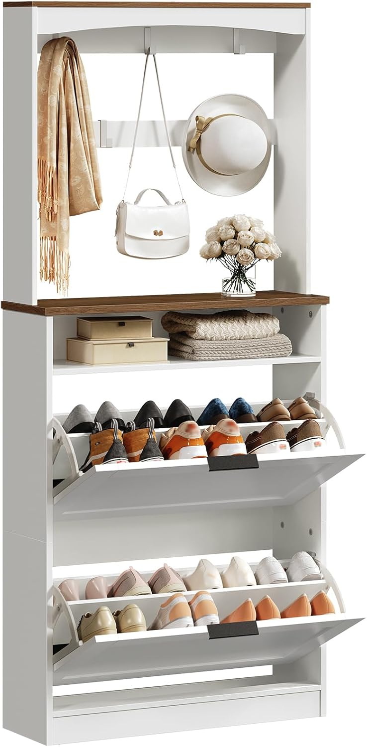 Tall Shoe Cabinet with Flip Drawers and Coat Rack, Floor Standing Modern Shoe Storage Organizer, 2-in-1 Hall Tree with Movable Hooks and Open Shelves, for Entryway, Black SC01BK