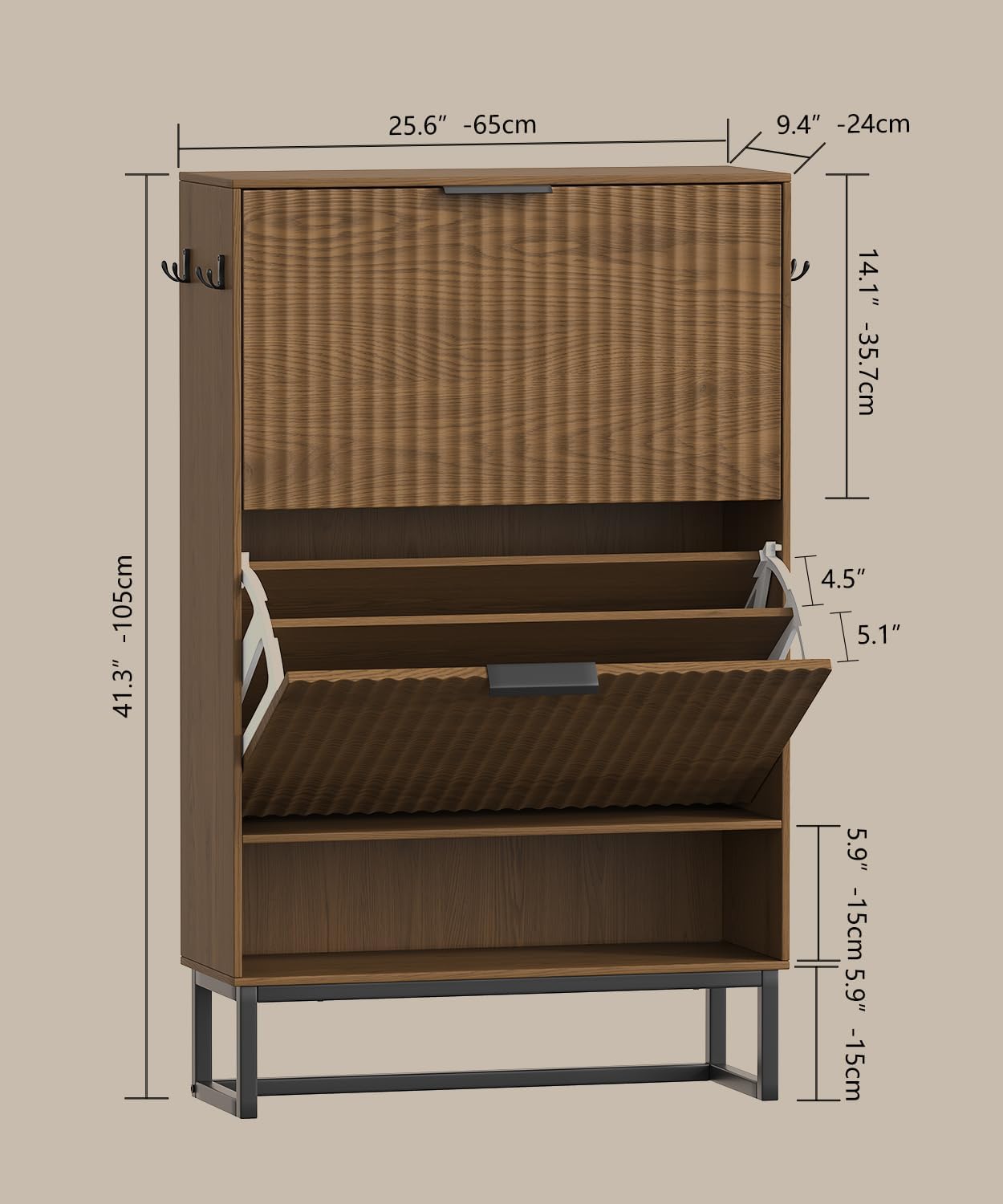 Fluted Shoe Storage Cabinet, Narrow Hidden Shoe Rack Cabinet with Metal Legs, Narrow Shoe Organizer, 2 Flip Drawers, for Entryway, Hallway, Living Room, Walnut