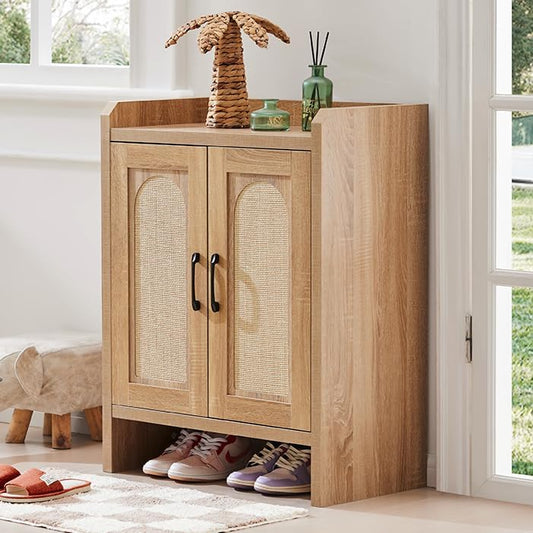 Shoe Cabinet Storage for Entryway, Natural Rattan Shoe Storage Cabinet, Wooden Shoe Rack Cabinet, Farmhouse Boho Wood Shoe Organizer Cabinet for Hallway