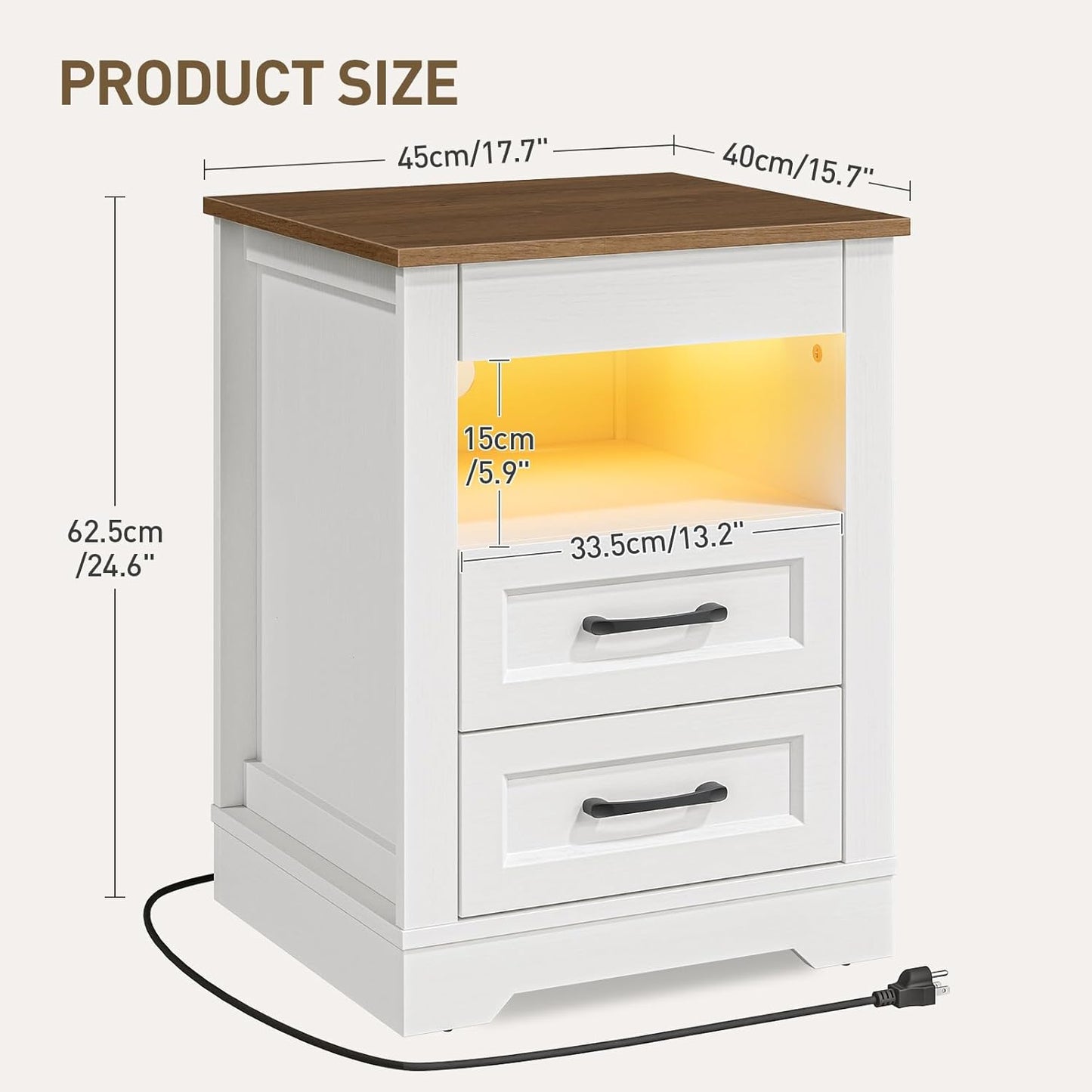 Farmhouse Nightstand with Hidden Gun Drawer, Bedside Table with Charging Station and LED Light, Night Stand with 3 Drawers, End Table for Bedroom, Living Room, White and Walnut