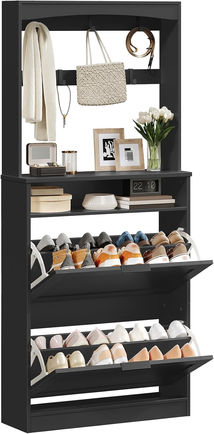 Tall Shoe Cabinet with Flip Drawers and Coat Rack, Floor Standing Modern Shoe Storage Organizer, 2-in-1 Hall Tree with Movable Hooks and Open Shelves, for Entryway, Black SC01BK