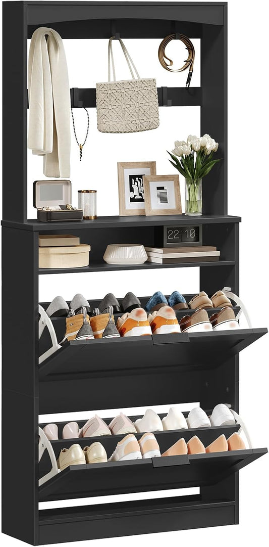 Tall Shoe Cabinet with Flip Drawers and Coat Rack, Floor Standing Modern Shoe Storage Organizer, 2-in-1 Hall Tree with Movable Hooks and Open Shelves, for Entryway, Black SC01BK