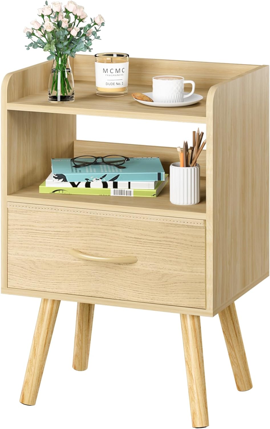 Yoobure Modern Nightstand with Drawer, Bedside Tables, Mid Century Nightstands with Open Storage Shelf, Wood Bedside Table, Small Night Stands for Bedrooms, 2-Tier Night Table