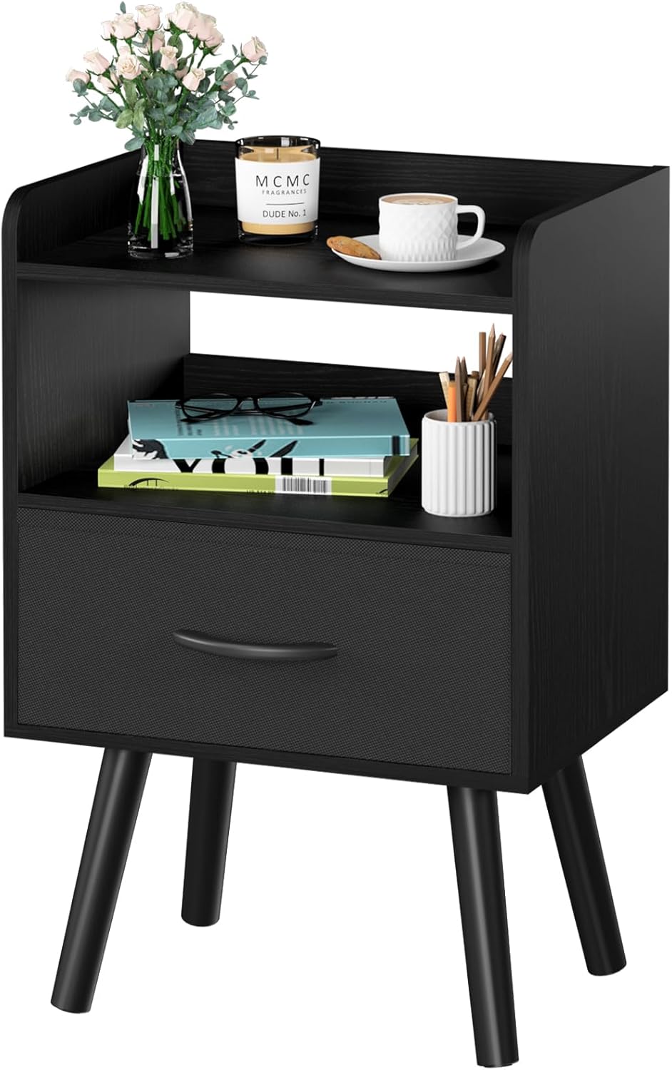 Yoobure Modern Nightstand with Drawer, Bedside Tables, Mid Century Nightstands with Open Storage Shelf, Wood Bedside Table, Small Night Stands for Bedrooms, 2-Tier Night Table