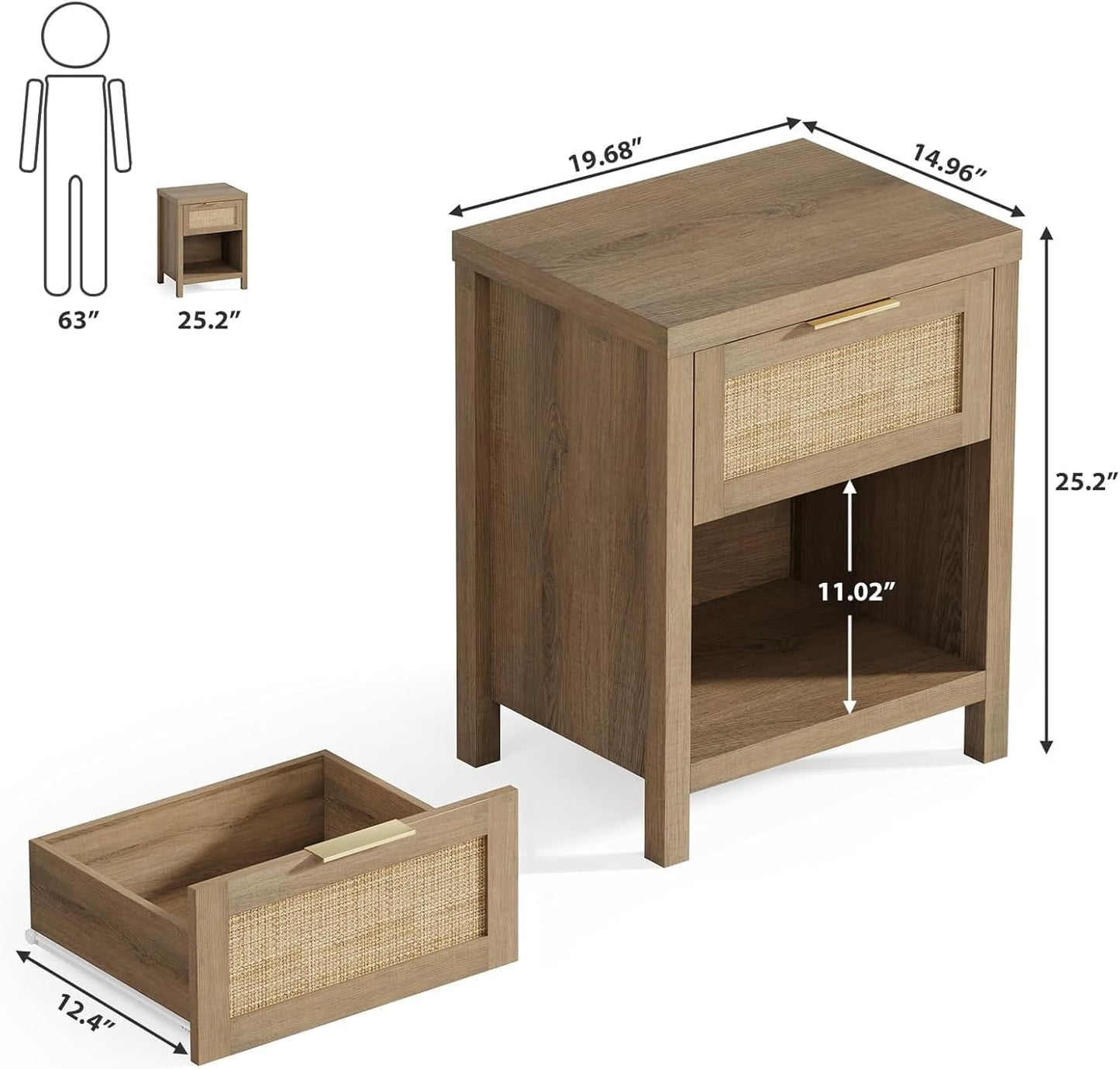 Rattan Nightstand Set 2: Boho End Table with Drawer and Storage Shelf, Farmhouse Cane Accent Bedside Night Stands for Bedroom Small Space Sofa (2, Caramel Oak)
