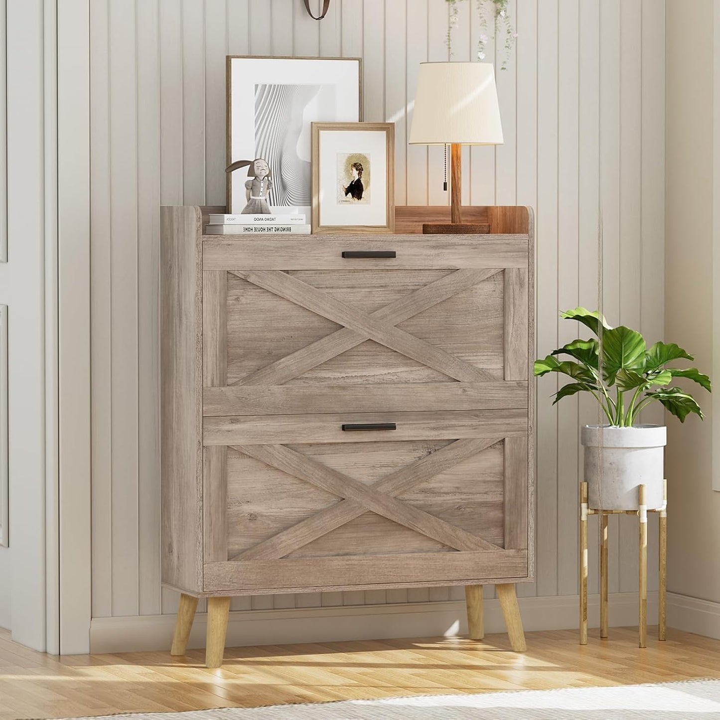 32" W Farmhouse Shoe Storage Cabinet with 2 Flip Drawers and Barn Door Design, Adjustable Shelves, Modern Hidden Slim Narrow Shoe Rack Cabinet for Entryway, Foyer, Hallway, Living Room, White