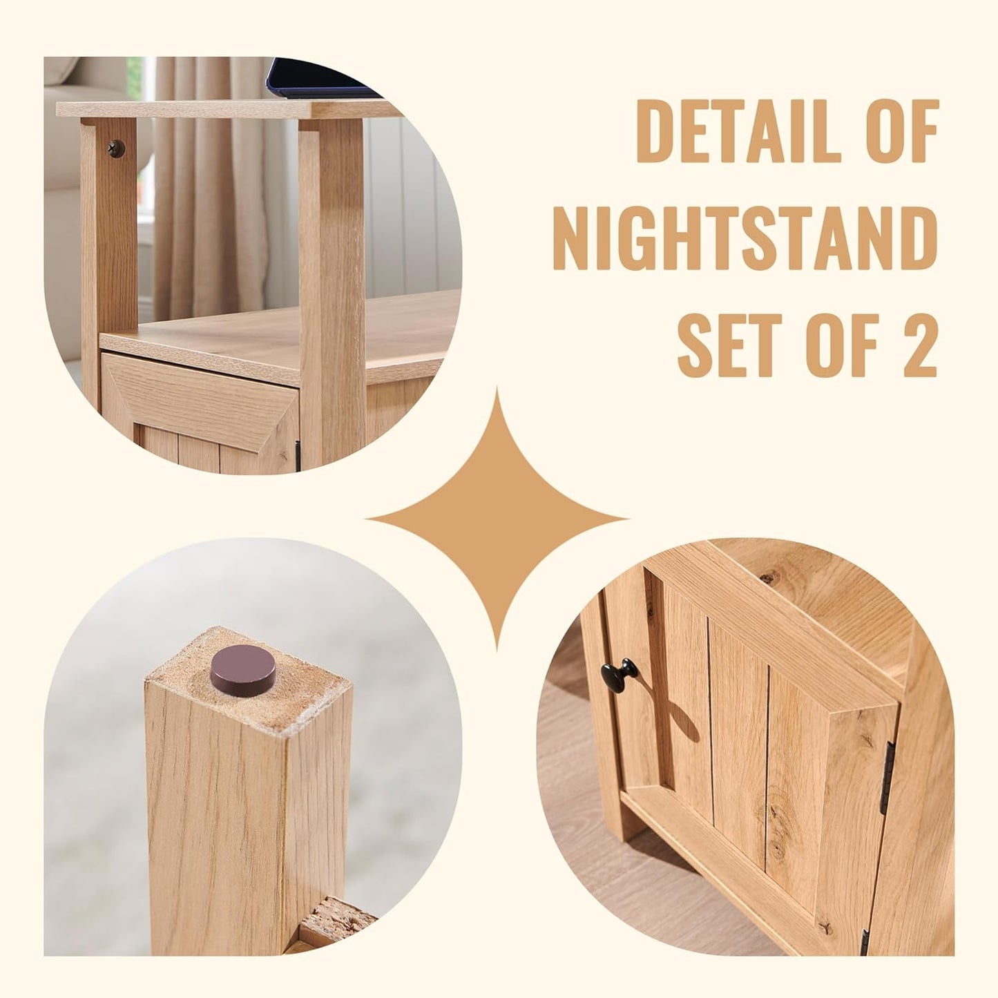 Farmhouse Nightstands Set of 2, Narrow Bedside Table with Charging Station, Night Stand Set 2 with Storage & Open Shelf, End Tables w/Groove Barn Door for Bedroom, Living Room, Natural
