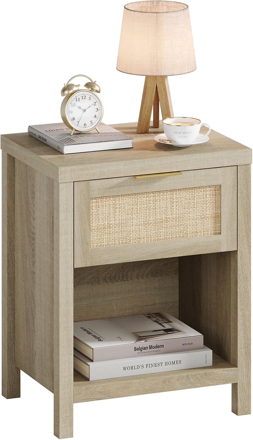 Rattan Nightstand Set 2: Boho End Table with Drawer and Storage Shelf, Farmhouse Cane Accent Bedside Night Stands for Bedroom Small Space Sofa (2, Caramel Oak)