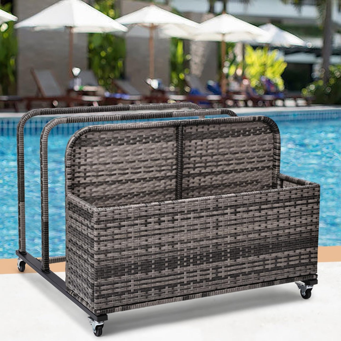 Poolside Float Storage Organizer, Outdoor Wicker Rattan Pool Float Holder Storage Rack for Basket Box Patio Pool Storage Caddy with Rolling Wheels for Pool Toy Noodles Equipment Accessroies Espresso
