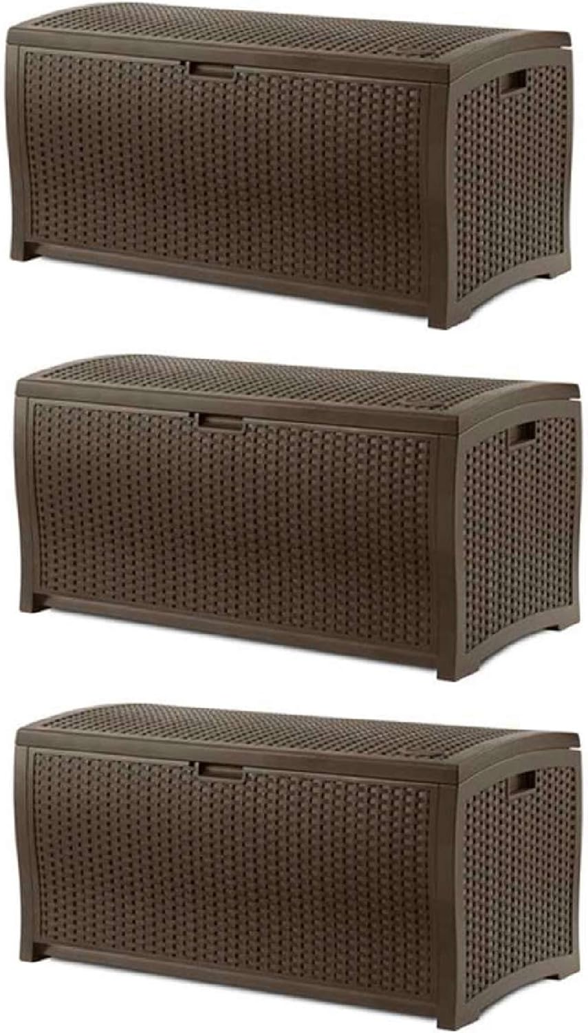 Suncast Outdoor Storage Box - 73 Gallon Mocha Brown Deck Box for Patio, Waterproof Outdoor Storage Bench, Resin Wicker Style, Heavy-Duty, Lockable Lid for Cushions, Shoes, Pool & Garden Gear