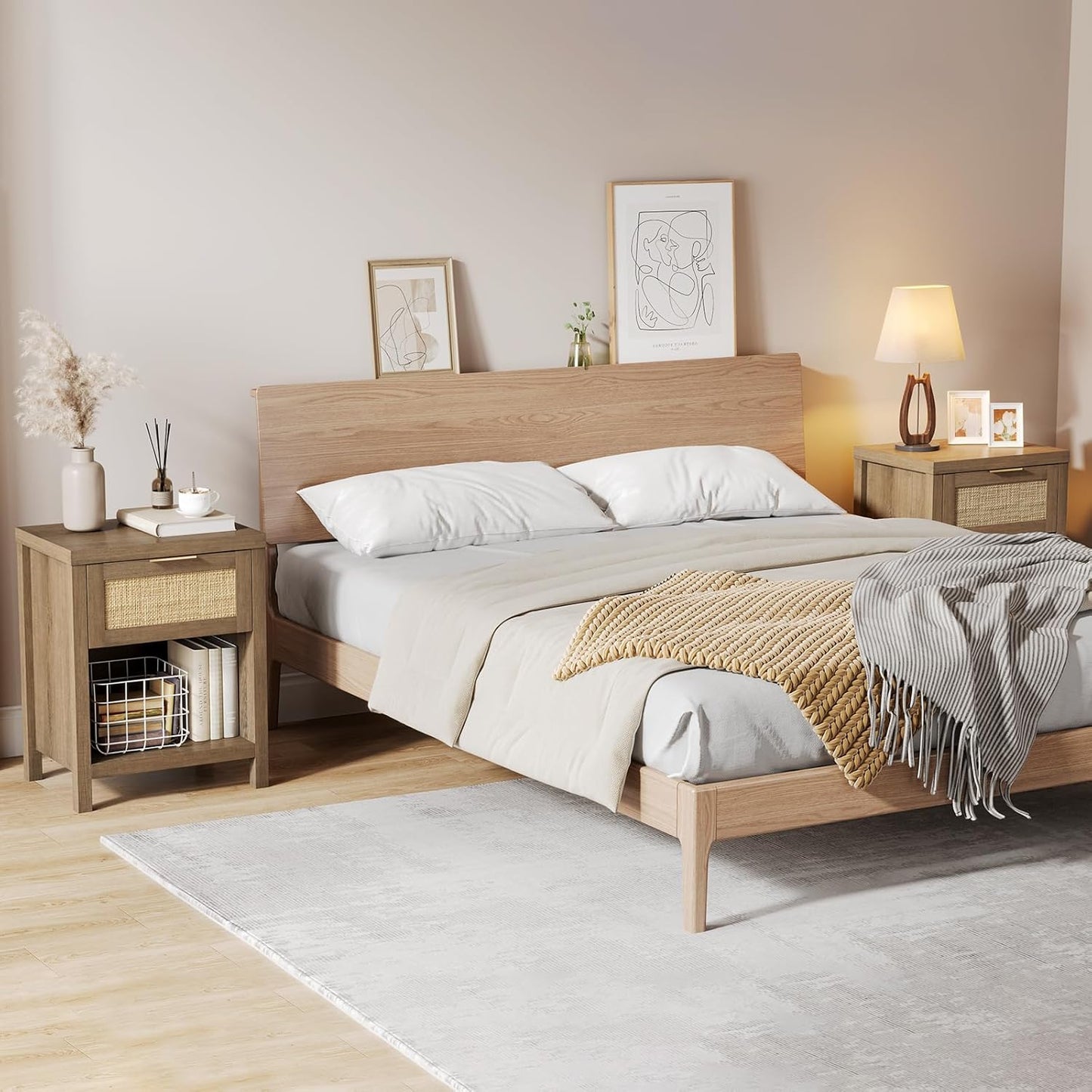 Rattan Nightstand Set 2: Boho End Table with Drawer and Storage Shelf, Farmhouse Cane Accent Bedside Night Stands for Bedroom Small Space Sofa (2, Caramel Oak)